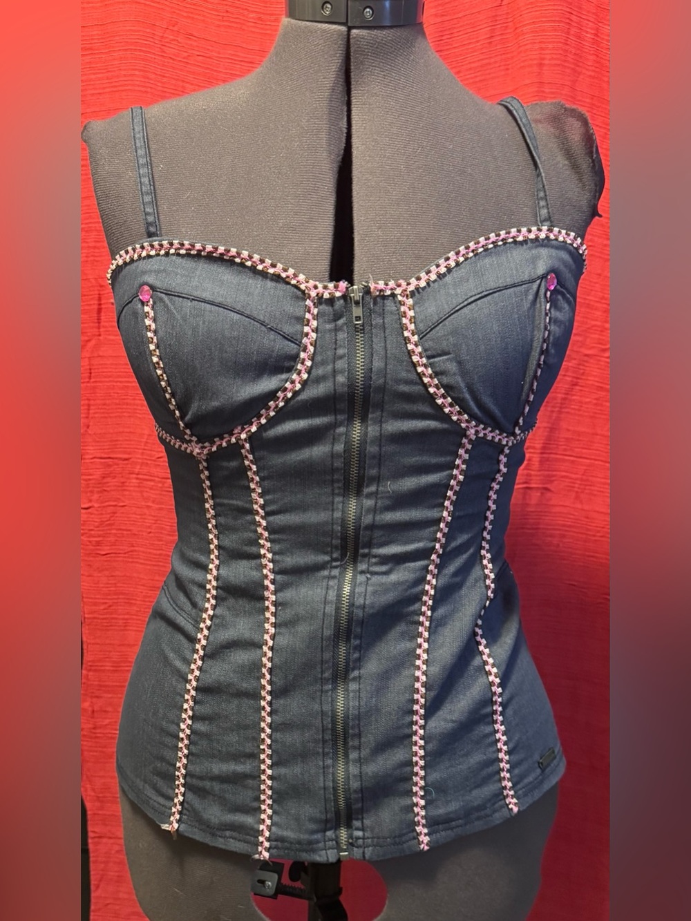 Guess Dark Denim Corset Top with Pink Trim